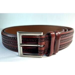 Allen Edmonds Mens Size 44 Triple Braid Inlay Brown Leather Belt